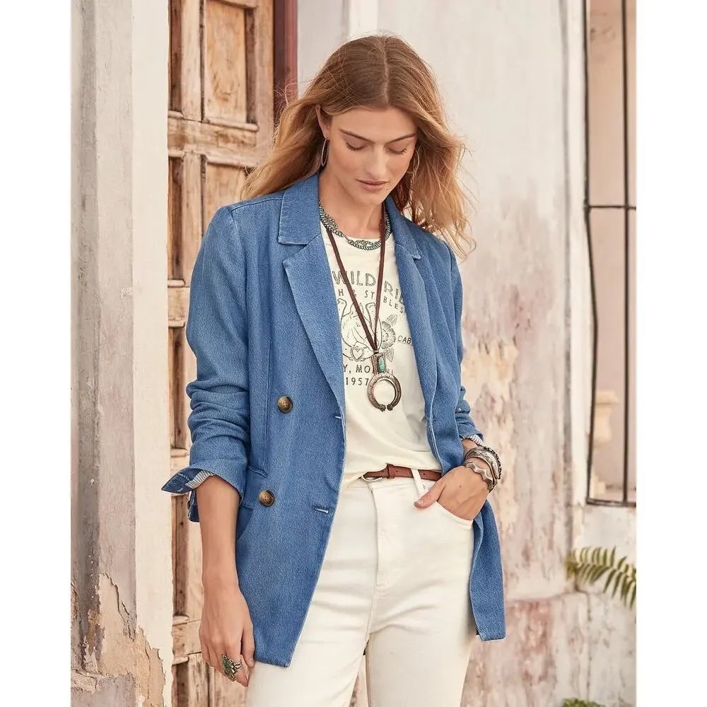 SUNDANCE Oaklee Denim Blazer Womens Small Blue Lyocell Drapey